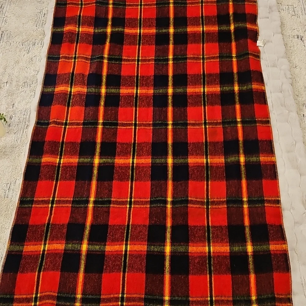 Vintage Red, Black, Yellow Tartan Plaid Wool Throw Camping Decor Blanket WPL1675